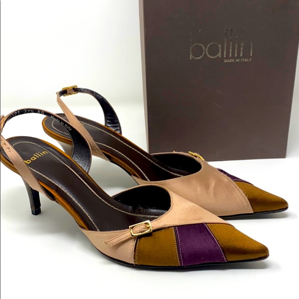 BALLIN silk satin kitten heel sling backs heels